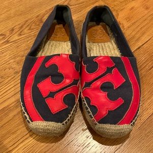 Blue and red espadrilles